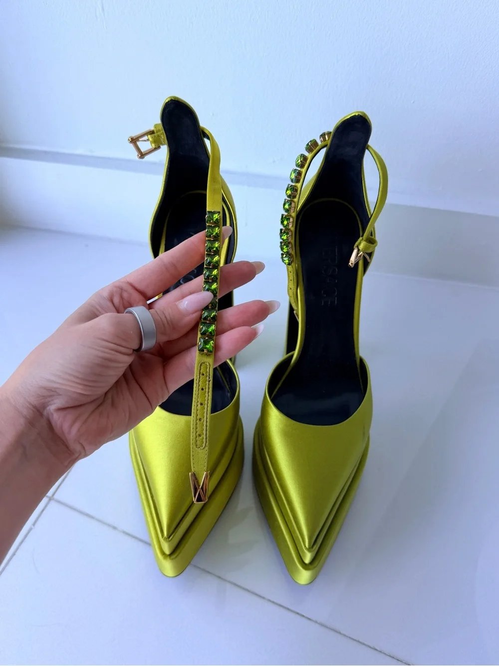 Versace Chartreuse Satin Platform Slingback Heels